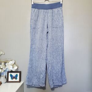 Lands End Womens Linen Pants Petite Size 4 Blue Mid Rise Leg Elastic Waist
